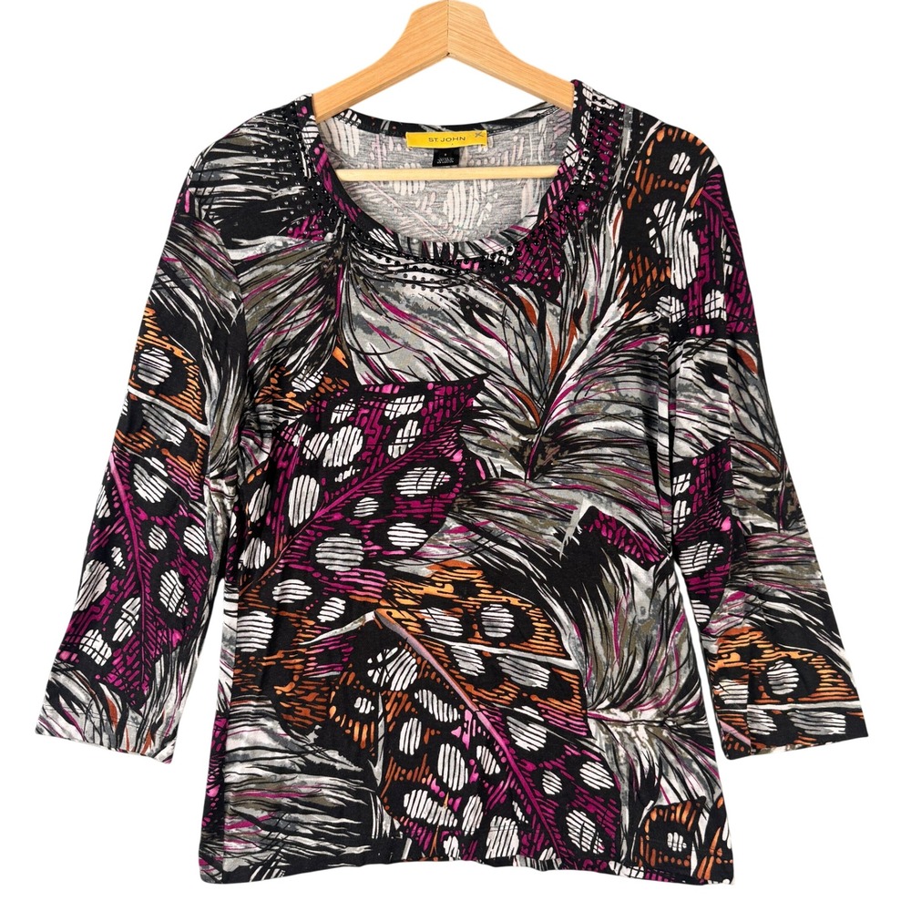 St John Sport Women Small Feather Print Studded Neck 3/4 Sleeve Rayon Top